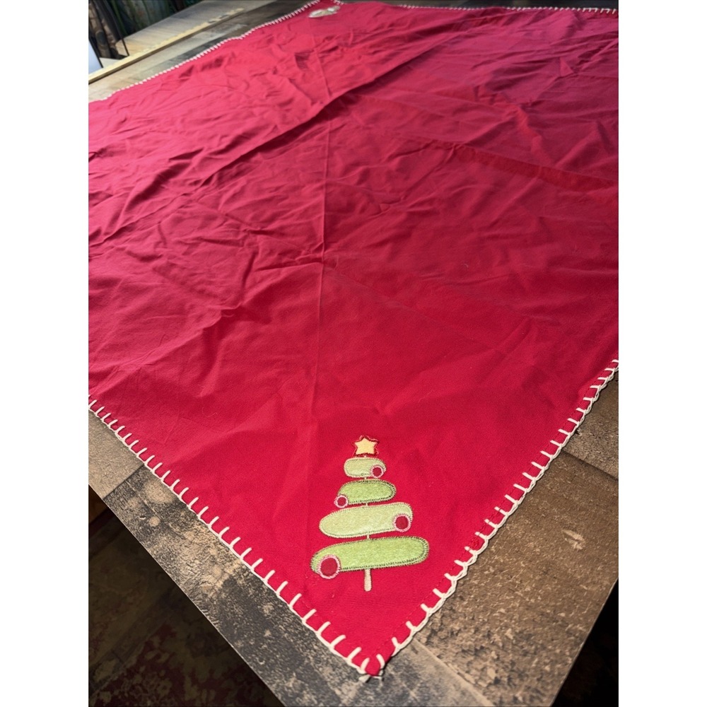 Vtg Christmas Cotton Tablecloth Topper 39x39 Red Applique Santa Snowman Tree